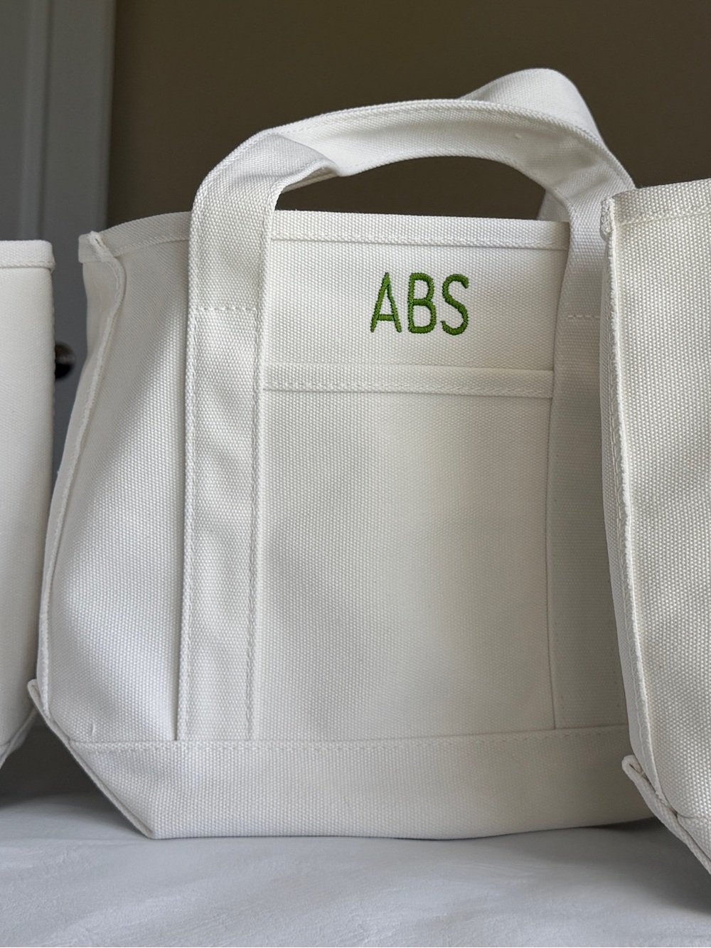 Personalized White Canvas Tote Organizer with Green Monogram